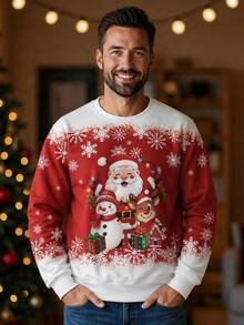 SHEIN [Excl, Baby & Kids]Christmas Red Standard Size Men's Fitted Regular Shoulder Crew Neck Pullover Sweatshirt With Thermal Lining - Red and White - View 2