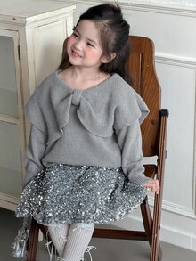 DAZY Young Girl Solid Color Long Sleeve Top And Sequin Shorts Knit Set - Grey - View 6