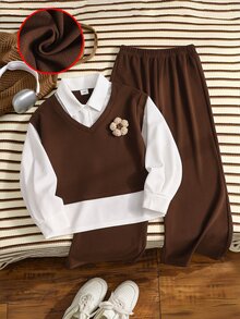Tween Girls' Autumn/Winter Maillard Retro Preppy Style 3D Floral 2 In 1 Shirt & Wide Leg Pants Set, Streetwear Outfit - Brown - View 1