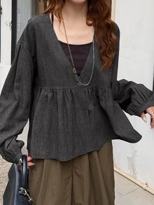 FRIFUL Women's Solid Color Drop Shoulder Long Sleeve Single Button Casual Shirt - Grey - View 3