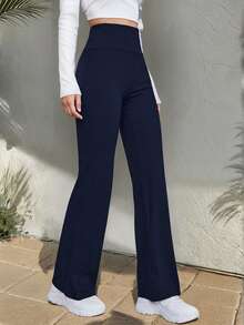 SHEIN EZwear 女款休閒日常通勤極簡純色高腰喇叭褲 - 藏蓝色 - 查看 1