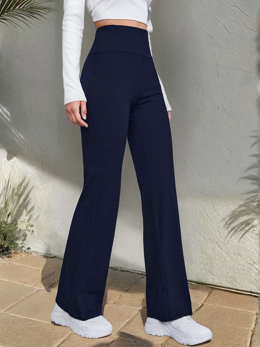 SHEIN EZwear 女款休閒日常通勤極簡純色高腰喇叭褲 - 藏蓝色 - 查看 1