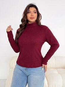 Shapeblank 女款大尺碼紅色高領長袖修身T恤，休閒彈性舒適保暖，適合秋冬日常穿著的多功能上衣 - 紅色 - 查看 6