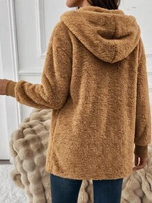 SHEIN Clasi 女款羊羔毛連帽休閒百搭日常長袖秋季運動機場穿搭拉鍊保暖咖啡棕夾克，適合返校、上班、公路旅行與旅遊 - 鏽棕色 - 查看 2