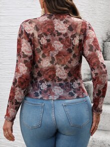 Travachic 大尺碼女款花卉印花長袖修身上衣 - 彩色 - 查看 2