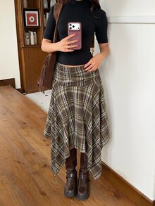 Aloruh 女款春夏新款低腰不對稱下擺格紋裙，復古 Y2K 街頭風 - 橄欖綠 - 查看 7