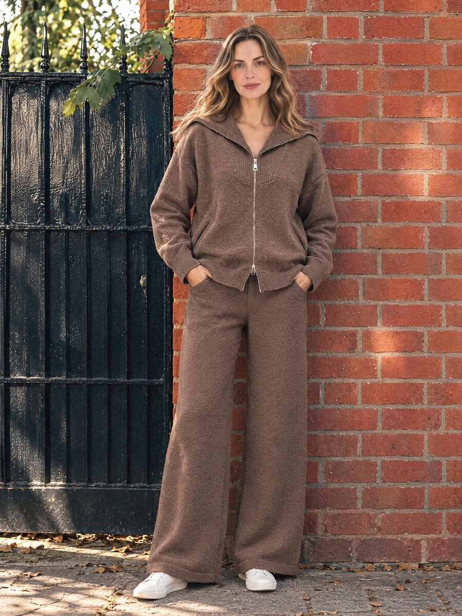 Dayvera Women's Solid Color Zip-Up Hoodie And Pants Knit 2 Pieces Set - Brown - View 1