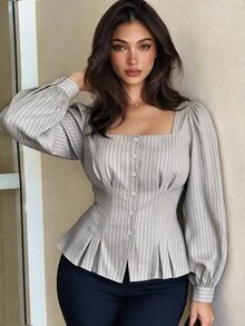 Elegantrix Women's Plus Size Autumn Single Piece Square Neck Button-Up Cinched Waist Ruffle Hem Striped Blouse, Slim Fit French Style Commuter Office Top - Khaki - View 1