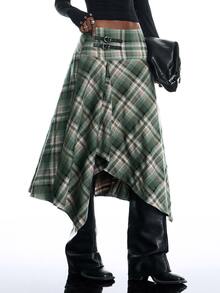 LYSMO Women's Waist Buckle Design Plaid Asymmetrical Hem Casual Skirt - Multicolor - View 5
