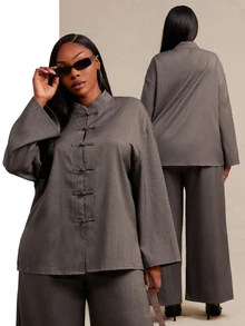 SHEIN SXY Brown Chinese Style Long Sleeve Frog Button Shirt And Pants 2 Pieces Set Fall - Brown - View 2