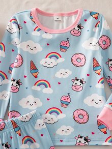 SHEIN 秋冬少女長袖套頭上衣與緊身褲套裝，貼身居家服，滿版可愛動物印花，對比粉色設計 - 藍色 - 查看 6