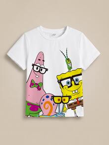 SpongeBob SquarePants | SHEIN 少女卡通圖案印花圓領T恤，適合日常穿著 - 白色 - 查看 7