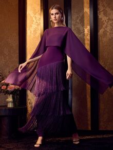 MOTF Soiréza ELEGANT DETACHABLE SHAWL&SPAGHETTI STRAP DRESS WITH FRINGE TRIM TWO PIECES SET FOR WEDDINGGALAS - Purple - View 7
