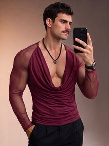 ZURIURI Men's Mesh Patchwork Cowl Neck Casual Sexy Rave Versatile Daily Wear T-Shirt Party Club Black Autumn - Burgundy - View 5