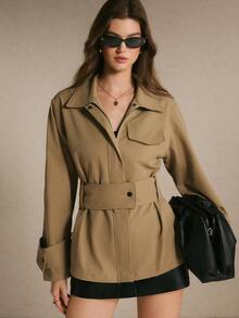 Poéselle Women's Solid Color Long Sleeve Zip-Up Casual Trench Coat Winter Jacket Khaki Belted Utility Trench Jacket, Zip-Front Long Sleeve Safari Coat - Khaki - View 2