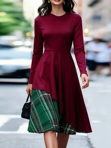 Balvessa Women's Autumn/Winter Plaid Patchwork Christmas Long Sleeve Dress - Burgundy - View 5