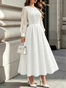 Velvienne Plus Size Women's Mesh Patchwork Pleated Casual Party Dress - White - View 1