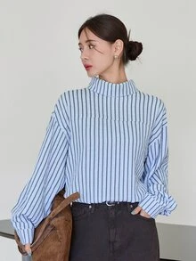 Dazy-Less Women's Striped Stand Collar Drop Shoulder Loose Casual Shirt - Blue - View 3
