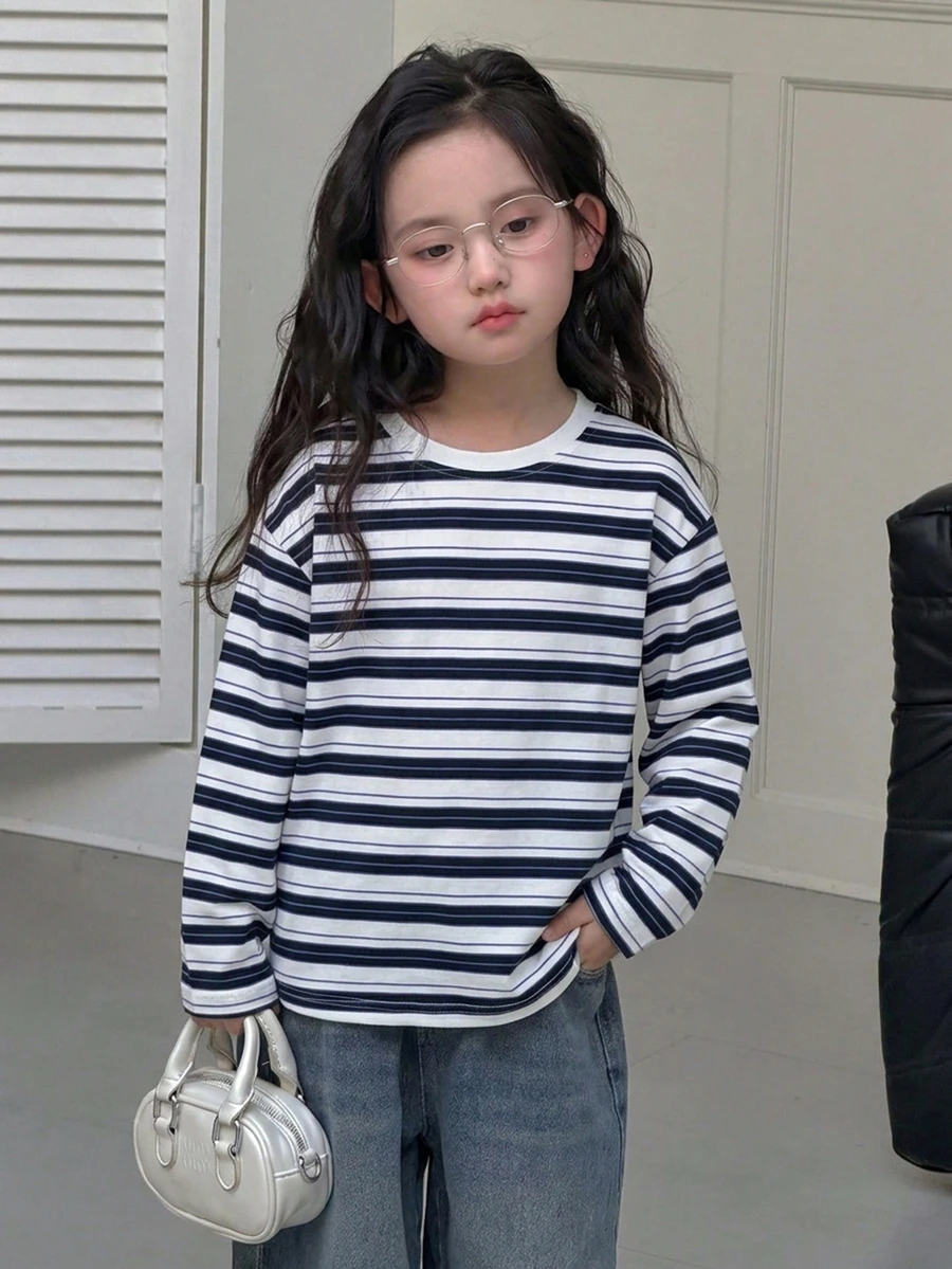 Dazy Kids Tween女孩條紋寬鬆休閒長袖基礎打底T恤,秋季 - 藏蓝色 - 查看 1