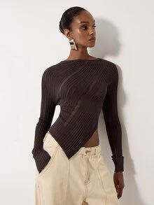 MERLEAU Women's Modern Distressed Design Brown Knit Top, Asymmetrical Hemline - Brown - View 4