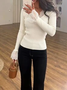 Easowa Casual Romantic Relaxed Elegant Commuter Old Money Style,Lace Patchwork Long Sleeve Fitted Sweater, Fall/ Women's Sweater Everyday Date Off-White - Apricot - View 4