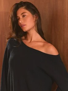 GLOWMODE Soft Girl Collection Slow Mornings Oversized Off-Shoulder Knit Sweater Daily Casual Fall Winter Wear - Black - View 4