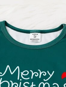 Teen Girl Santa Claus Autumn/Winter Pajamas Christmas Tree Stretchy Ribbed Snug Fit Short Sleeve Shorts Crew Neck Top Print Allover Letter Green - Dark Green - View 4
