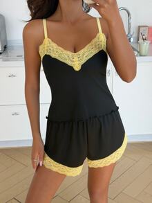 ZzzCrew Contrast Color Lace Trim Camisole Pajama Set, Simple V-Neck Slim Fit Loungewear 2 Pieces Set - Black - View 3