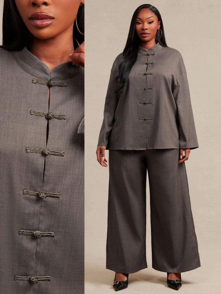 SHEIN SXY Brown Chinese Style Long Sleeve Frog Button Shirt And Pants 2 Pieces Set Fall - Brown - View 1