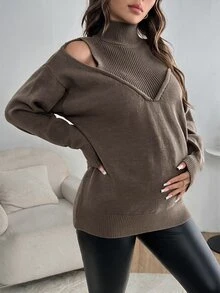 SHEIN Maternity Solid Color Cutout Shoulder Long Sleeve Casual Sweater, Autumn & Winter - Khaki - View 5