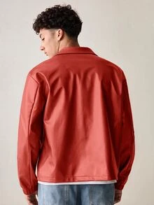 SWAVVY Men's Woven Fashion Casual Young PU Leather Fitted Long Sleeve Jacket - Red - View 7