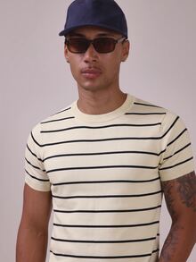 Musero Muscle Fit Stripe Crew Neck Lightweight Knit Top Spring Summer Essentials - Beige - View 5