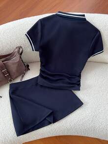 Elamini 休閒運動通勤百搭刺繡圖案翻領上衣與A字裙套裝 - 藏蓝色 - 查看 2