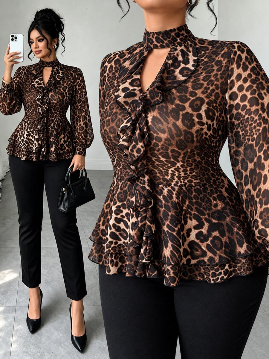 Elenzga 2026 Autumn/Winter New Leopard Print Ruffle Hem Fashion Sexy Casual Commute Woven Chiffon Blouse - Multicolor - View 1