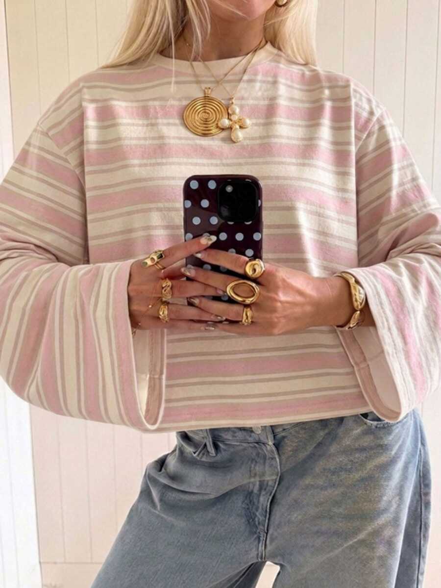 SHEIN EZwear Áo thun nữ tay dài vai trễ kẻ sọc màu hồng phong cách thường ngày - Hồng - Xem 1