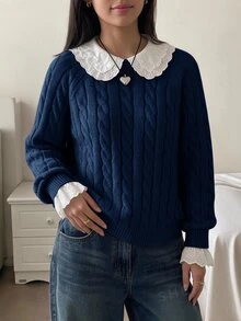 SHEIN 女童秋冬休閒保暖內裡加厚拼接刺繡蕾絲飾邊寬鬆落肩長袖套頭針織衫，甜粉色返校兒童毛衣，秋冬款 - 藍色 - 查看 5