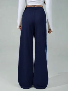 SHEIN Tall 女款彈性腰側條紋寬腿寬鬆休閒運動長褲，返校季 - 藏蓝色 - 查看 2