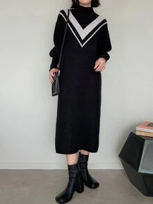 FRIFUL Women's Colorblock Casual Everyday Knit Dress Fall Work Black And White Striped - Black - View 7