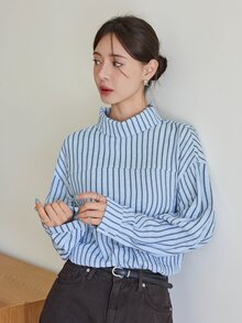 Dazy-Less Women's Striped Stand Collar Drop Shoulder Loose Casual Shirt - Blue - View 7