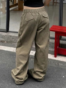 Dazy Plus Solid Color Loose Cargo Pants Casual Street Straight Leg Army Green All Season New Style Denim Jeans - Army Green - View 2