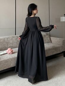 Modelyn 披肩領泡泡長袖收腰不對稱百褶雪紡大裙擺洋裝，婚禮新娘單身派對適用，淡粉色，秋季浪漫優雅 - 黑色 - 查看 3