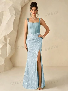 Coutiva Women's Sequin Embroidered Patchwork Twisted Yarn Ruffled Hem Slit Formal Evening Gown (Heavy Craftsmanship) - Baby Blue - View 1