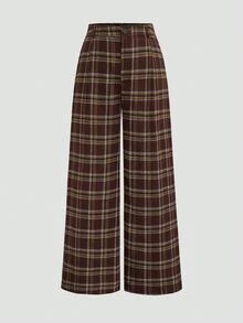 SHEIN Tall CURVE Plus Size Women Brown Plaid Wide Leg Long Pants - Brown - View 1