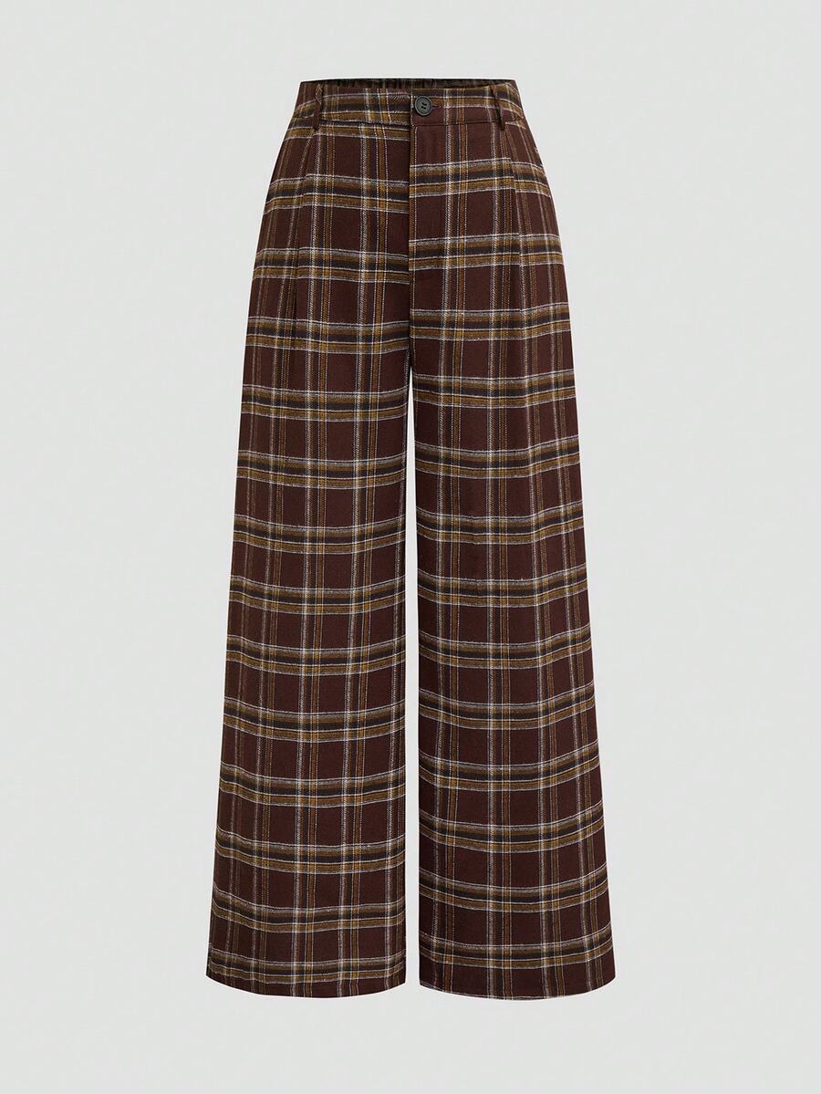 SHEIN Tall CURVE Plus Size Women Brown Plaid Wide Leg Long Pants - Brown - View 1