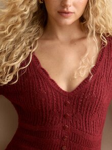MOTF PREMIUM WOMEN'S SOLID COLOR V-NECK CASUAL DAILY CARDIGAN - Burgundy - View 5