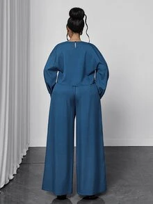 Maweii Plus Size Solid Color 2 In 1 Set Women Round Neck Lantern Sleeve Crop Top High Waist Wide Leg Long Pants Commute Party Two Pieces Set Fall - Blue - View 3