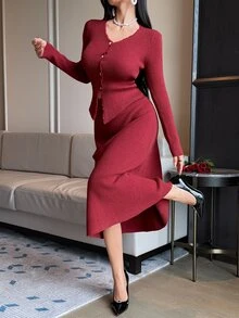 DAZY 女款休閒紅色毛衣套裝，毛邊設計，2件組，冬季 - 酒紅色 - 查看 6