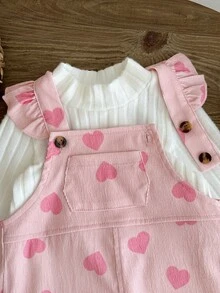 Vintaside Kids 2件組幼兒女嬰上衣吊帶褲套裝，可愛甜美粉色白色荷葉邊愛心印花長袖假領休閒款，秋季公主風柔軟衣著 - 淺粉色 - 查看 9