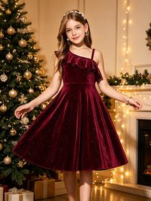 SHEIN Girls' Fashion Party Birthday Formal Wedding Elegant Evening Dress Graduation Prom Dinner Cocktail Vacation Silky Winter - Burgundy - View 4