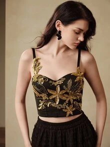 Anewsta Women's Glamorous Party Patchwork Sequin & Beaded Decor Backless Cropped Camisole - Black and Gold - View 4
